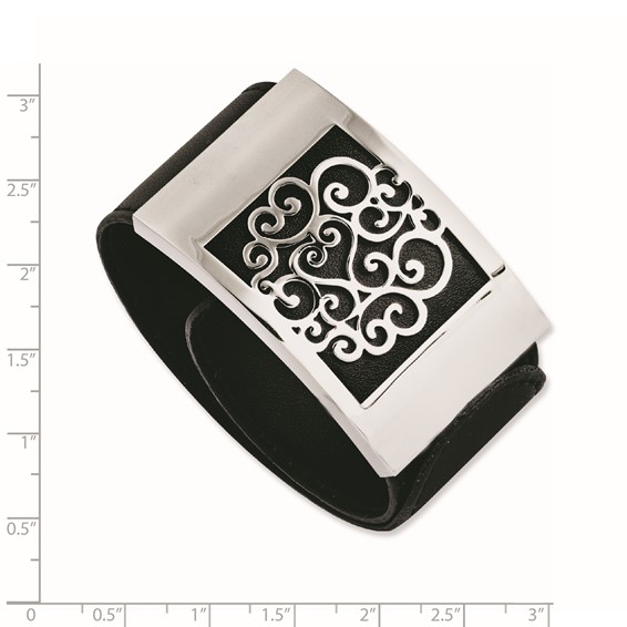 Stainless Steel Black Leatherette w/Polished Scroll Wrap Bracelet
