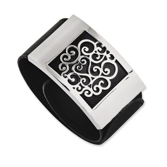 Stainless Steel Black Leatherette w/Polished Scroll Wrap Bracelet