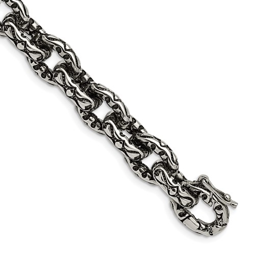 Chisel Stainless Steel Antiqued Polished and Textured Fancy Link Bracelet, 8.25"