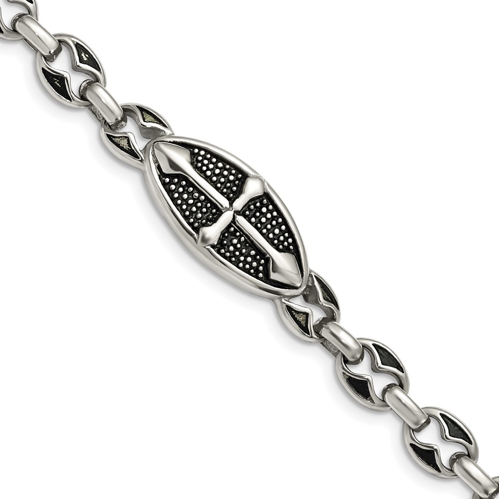 Stainless Steel Antiqued Textured and Polished Cross 9in Toggle Bracelet