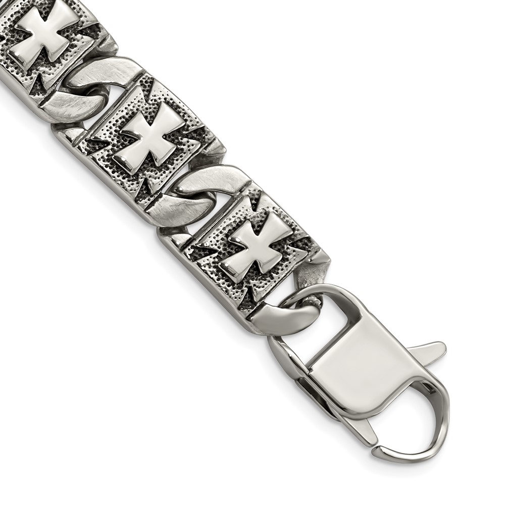 Stainless Steel Antiqued Polished and Textured 8.75in Crosses Bracelet