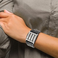 Stainless Steel Brushed Black Leather Adjustable Buckle Bracelet - 9in view 4