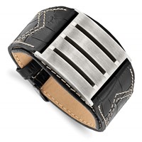 Stainless Steel Brushed Black Leather Adjustable Buckle Bracelet - 9in view 1