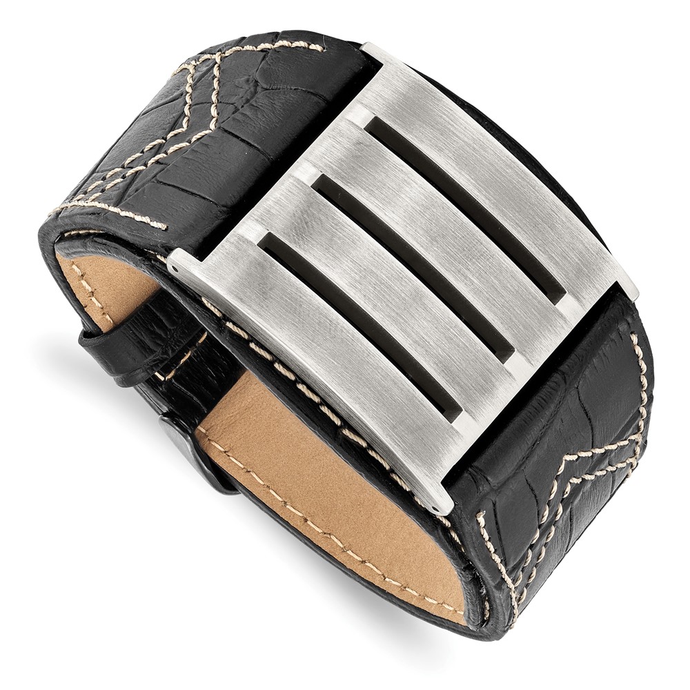 Stainless Steel Brushed Black Leather Adjustable Buckle 9in Bracelet