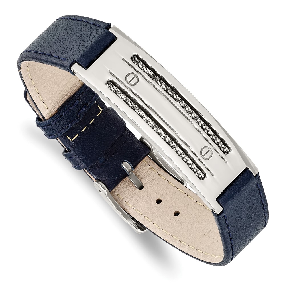 Stainless Steel Polished Blue Leather w/Wire Adjustable Buckle Bracelet