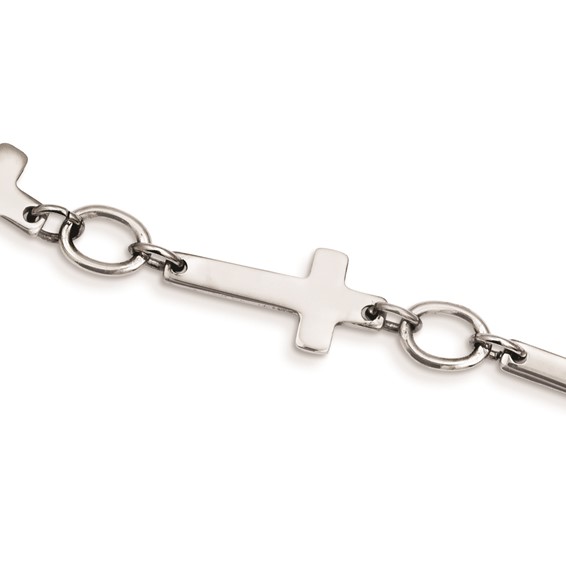Stainless Steel Polished Sideways Cross 8in Bracelet