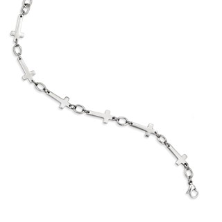 Stainless Steel Polished Sideways Cross 8in Bracelet