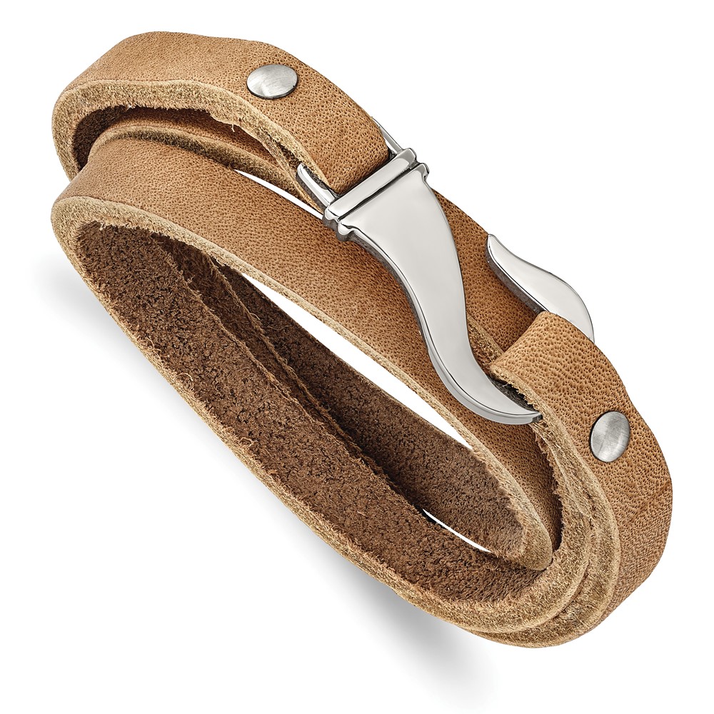 Stainless Steel Light Brown Leather 24in Wrap Bracelet