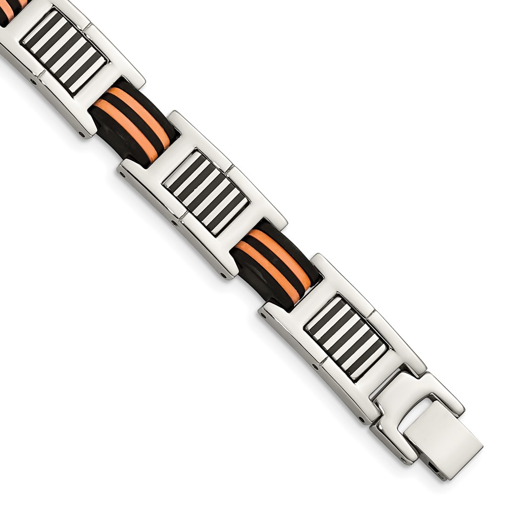 Stainless Steel 8.5in Polished with Rubber Black and Orange Bracelet