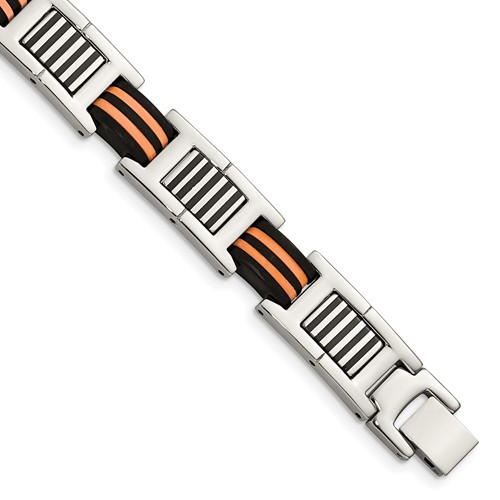 Chisel Stainless Steel Polished Bracelet with Black and Orange Rubber Link, 8.5"