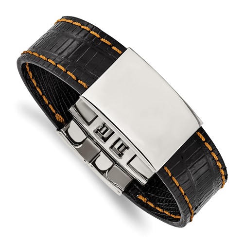 Stainless Steel Polished Black Leather Orange Stitch ID Bracelet, 8.5"