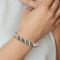 Stainless Steel Polished and Antiqued Bangle with Crystal Cuff view 5