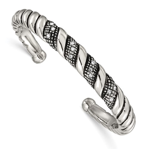 Stainless Steel Polished and Antiqued Bangle with Crystal Cuff