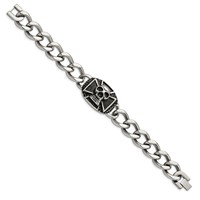 Chisel Stainless Steel Antiqued and Polished Skull Curb Bracelet, 9" view 3