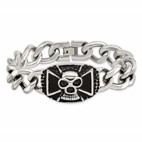 Chisel Stainless Steel Antiqued and Polished Skull Curb Bracelet, 9" view 4