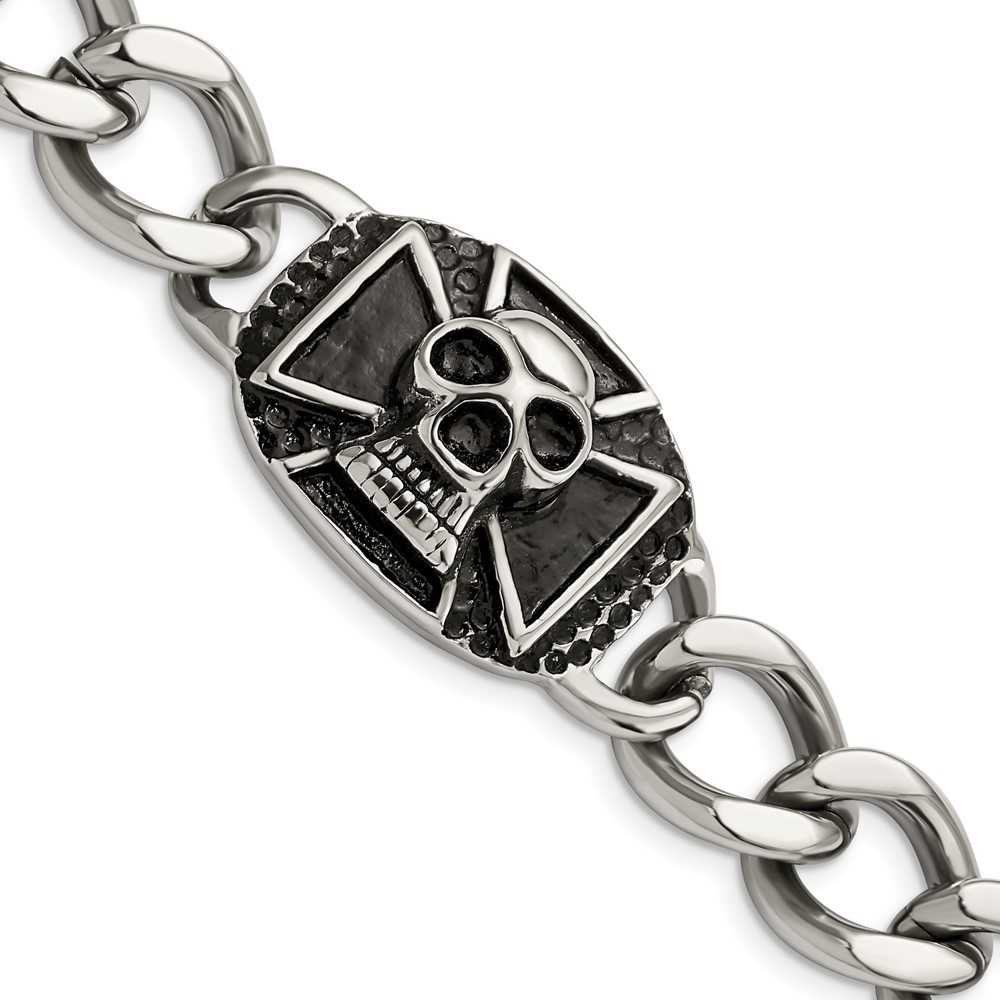 Stainless Steel Antiqued and Polished Skull 9in Bracelet