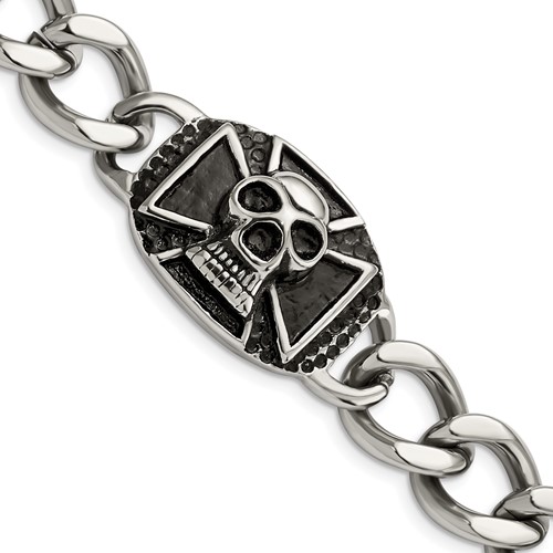 Chisel Stainless Steel Antiqued and Polished Skull Curb Bracelet, 9"