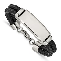 Chisel Stainless Steel Polished Black Woven Leather Multi Strand ID Bracelet, 8.25" view 1