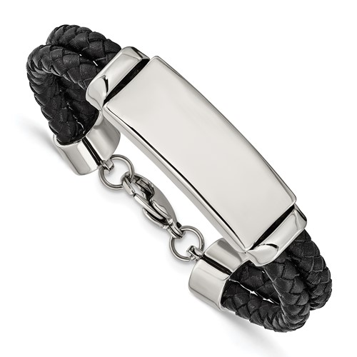 Chisel Stainless Steel Polished Black Woven Leather Multi Strand ID Bracelet, 8.25"