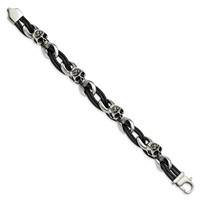 Chisel Stainless Steel Antiqued and Polished Skulls Bracelet with Roses Black Leather, 8" view 3