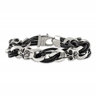 Chisel Stainless Steel Antiqued and Polished Skulls Bracelet with Roses Black Leather, 8" view 4