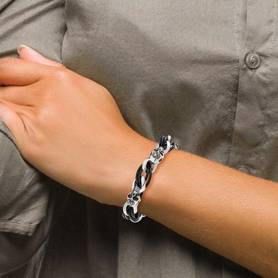 Chisel Stainless Steel Antiqued and Polished Skulls with Roses Black Leather 8 inch Bracelet