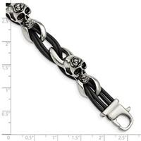 Chisel Stainless Steel Antiqued and Polished Skulls Bracelet with Roses Black Leather, 8" view 5
