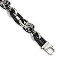 Chisel Stainless Steel Antiqued and Polished Skulls Bracelet with Roses Black Leather, 8" view 1