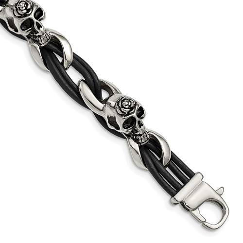 Chisel Stainless Steel Antiqued and Polished Skulls Bracelet with Roses Black Leather, 8"