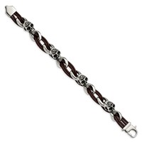 Chisel Stainless Steel Antiqued and Polished Skulls Bracelet with Roses Brown Leather, 8" view 3