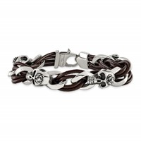 Chisel Stainless Steel Antiqued and Polished Skulls Bracelet with Roses Brown Leather, 8" view 4