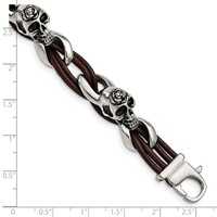 Chisel Stainless Steel Antiqued and Polished Skulls Bracelet with Roses Brown Leather, 8" view 5
