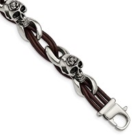 Chisel Stainless Steel Antiqued and Polished Skulls Bracelet with Roses Brown Leather, 8" view 1
