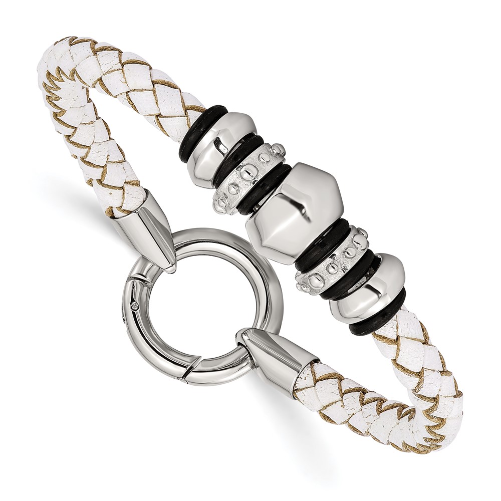 Stainless Steel Polished White Leather & Black Rubber 8.25in Bracelet