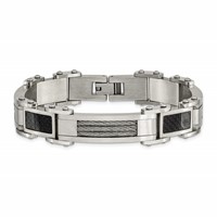 Chisel Stainless Steel Polished Bracelet with Cable and Black Carbon Fiber Inlay Link, 8.75" view 4