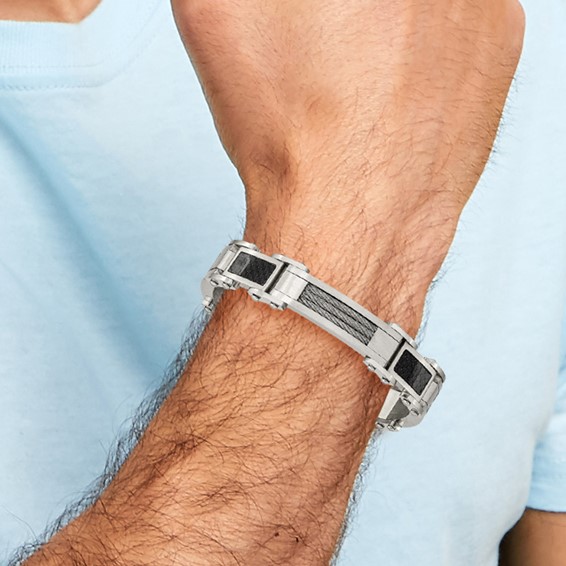 Chisel Stainless Steel Polished with Cable and Black Carbon Fiber Inlay 8.75 inch Link Bracelet