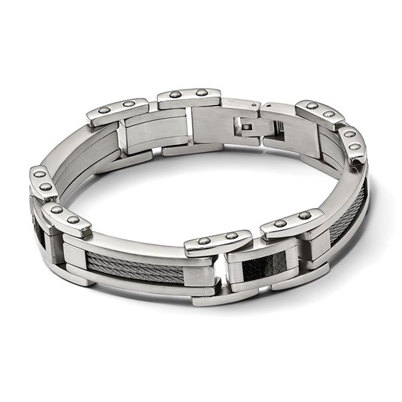 Chisel Stainless Steel Polished with Cable and Black Carbon Fiber Inlay 8.75 inch Link Bracelet