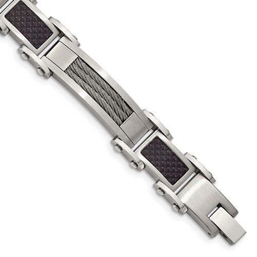 Chisel Stainless Steel Polished Bracelet with Cable and Black Carbon Fiber Inlay Link, 8.75"