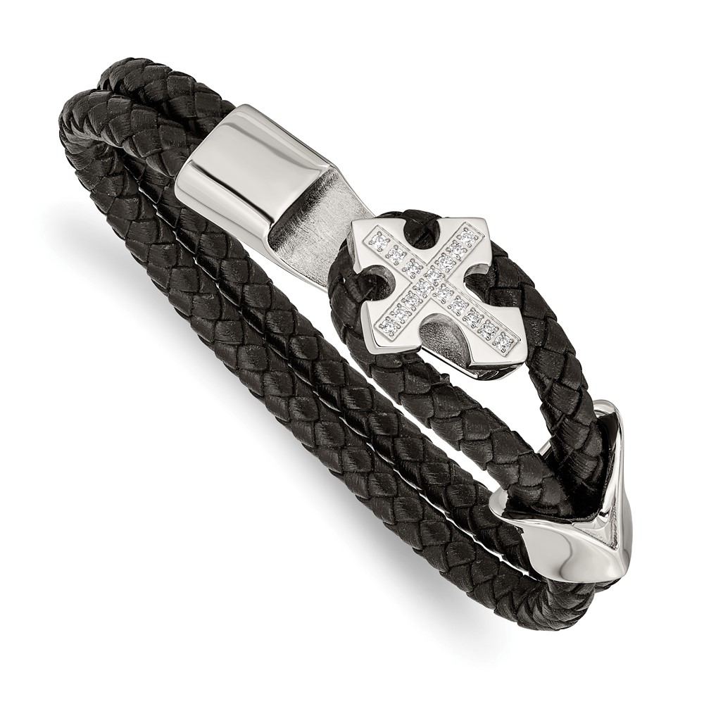 Stainless Steel Polished CZ Cross Leather 8in Bracelet