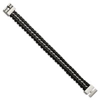 Chisel Stainless Steel Brushed and Polished Black Leather Bracelet - 9in view 3