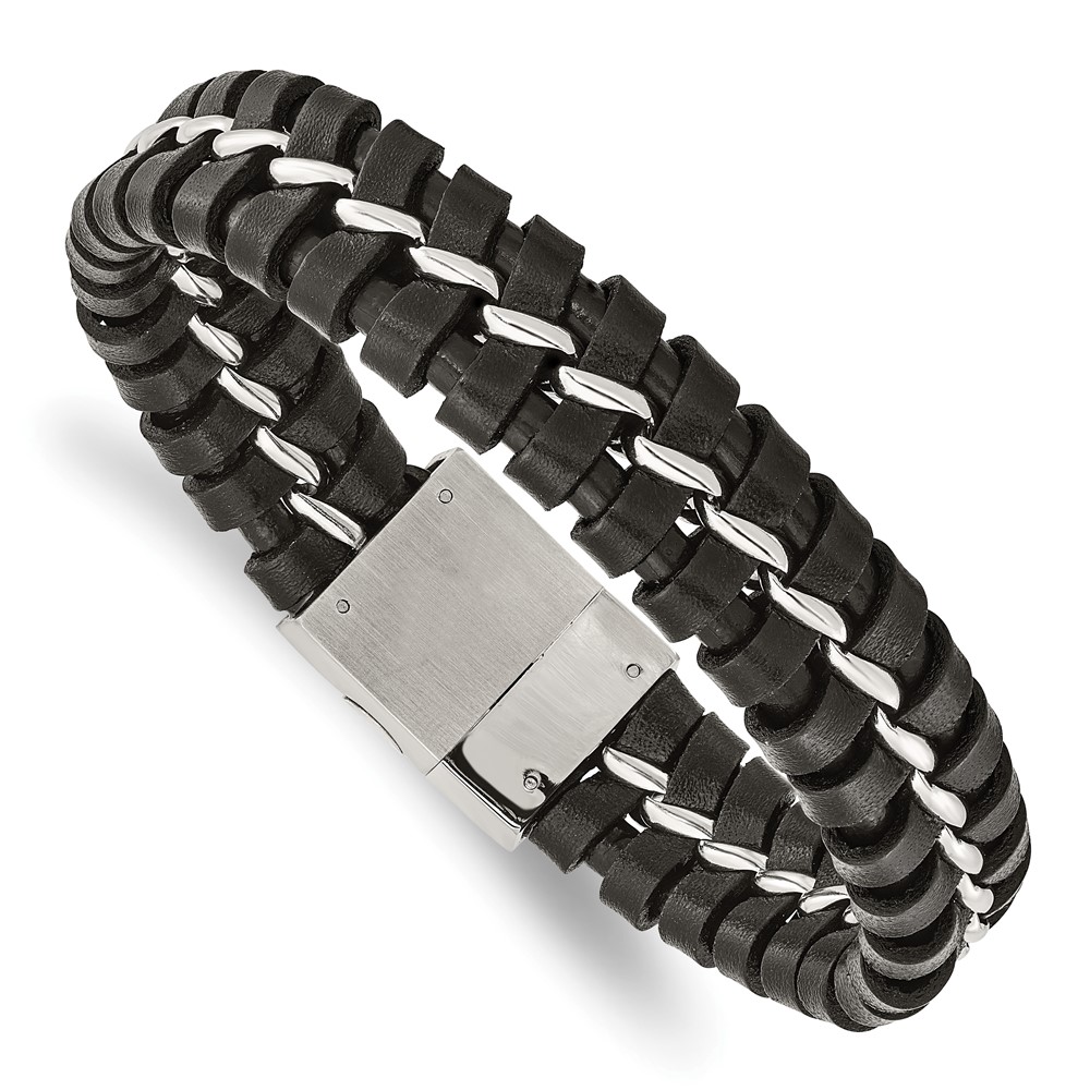 Stainless Steel Brushed and Polished Black Leather 9in Bracelet