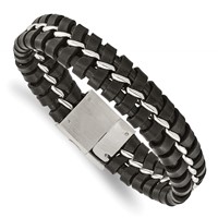 Chisel Stainless Steel Brushed and Polished Black Leather Bracelet - 9in view 1