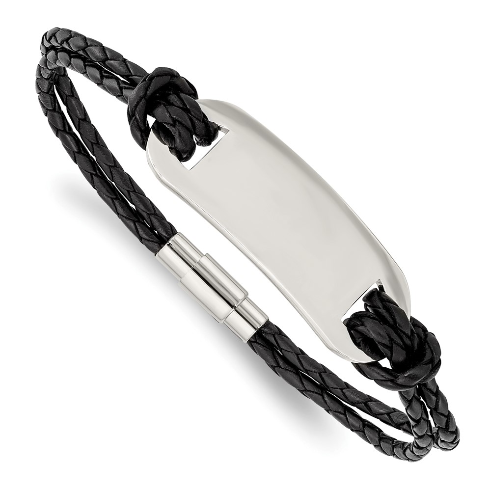 Stainless Steel Polished Black Woven Leather 8.25in Bracelet