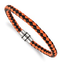 Chisel Stainless Steel Polished Black IP-plated Black and Orange Braided Leather Bracelet, 9" view 1