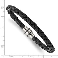 Chisel Stainless Steel Polished Black IP-plated Black Braided Leather Bracelet, 9" view 4