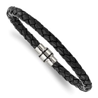 Chisel Stainless Steel Polished Black IP-plated Black Braided Leather Bracelet, 9" view 1
