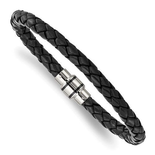 Chisel Stainless Steel Polished Black IP-plated Black Braided Leather Bracelet, 9"