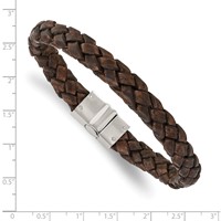 Chisel Stainless Steel Polished Brown Woven Leather Bracelet, 8.75" view 4