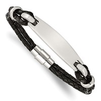 Chisel Stainless Steel Polished Black Woven Leather ID Bracelet, 8.5" view 1