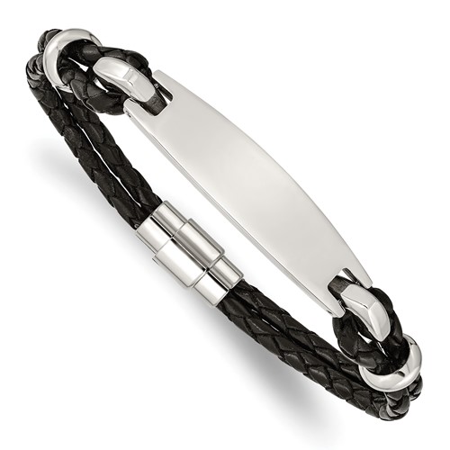 Chisel Stainless Steel Polished Black Woven Leather ID Bracelet, 8.5"